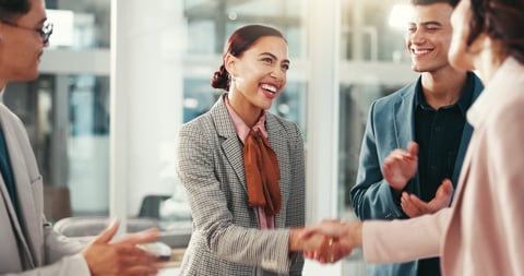 Handshake, applause and happy business people in office for teamwork, collaboration and partnership. Corporate, professional handshake 