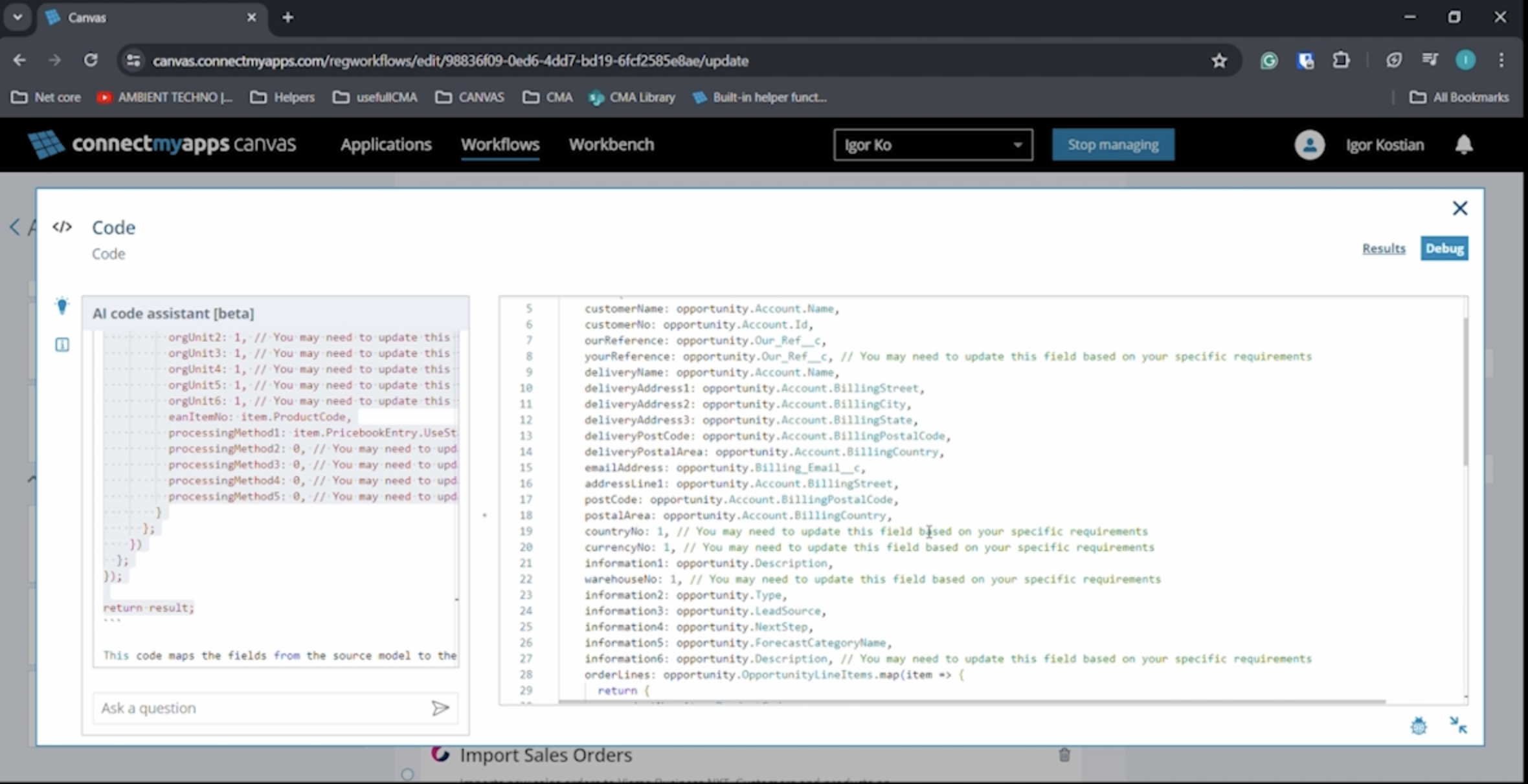 Canvas AI code assistant